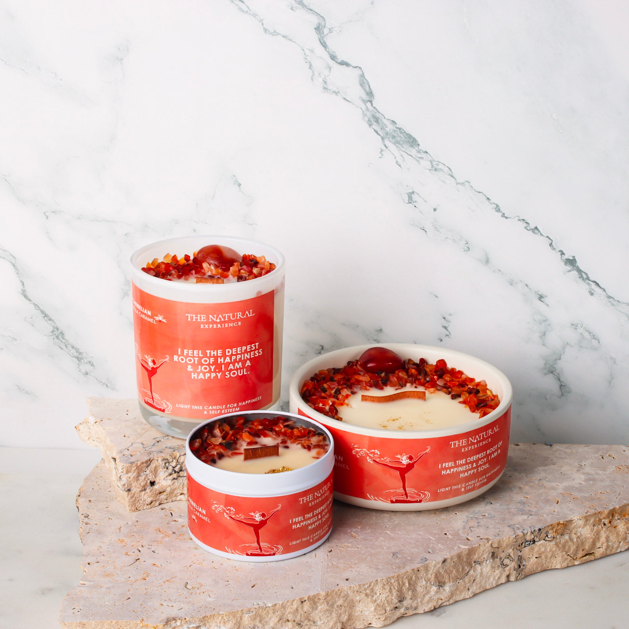 Carnelian Crystal Candle - Energizing candle infused with Carnelian crystals for Happiness and Self-Esteem