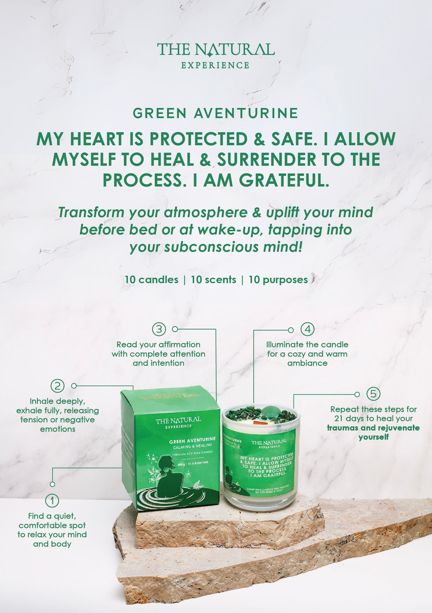 Green Aventurine Crystal Candle Instruction Card