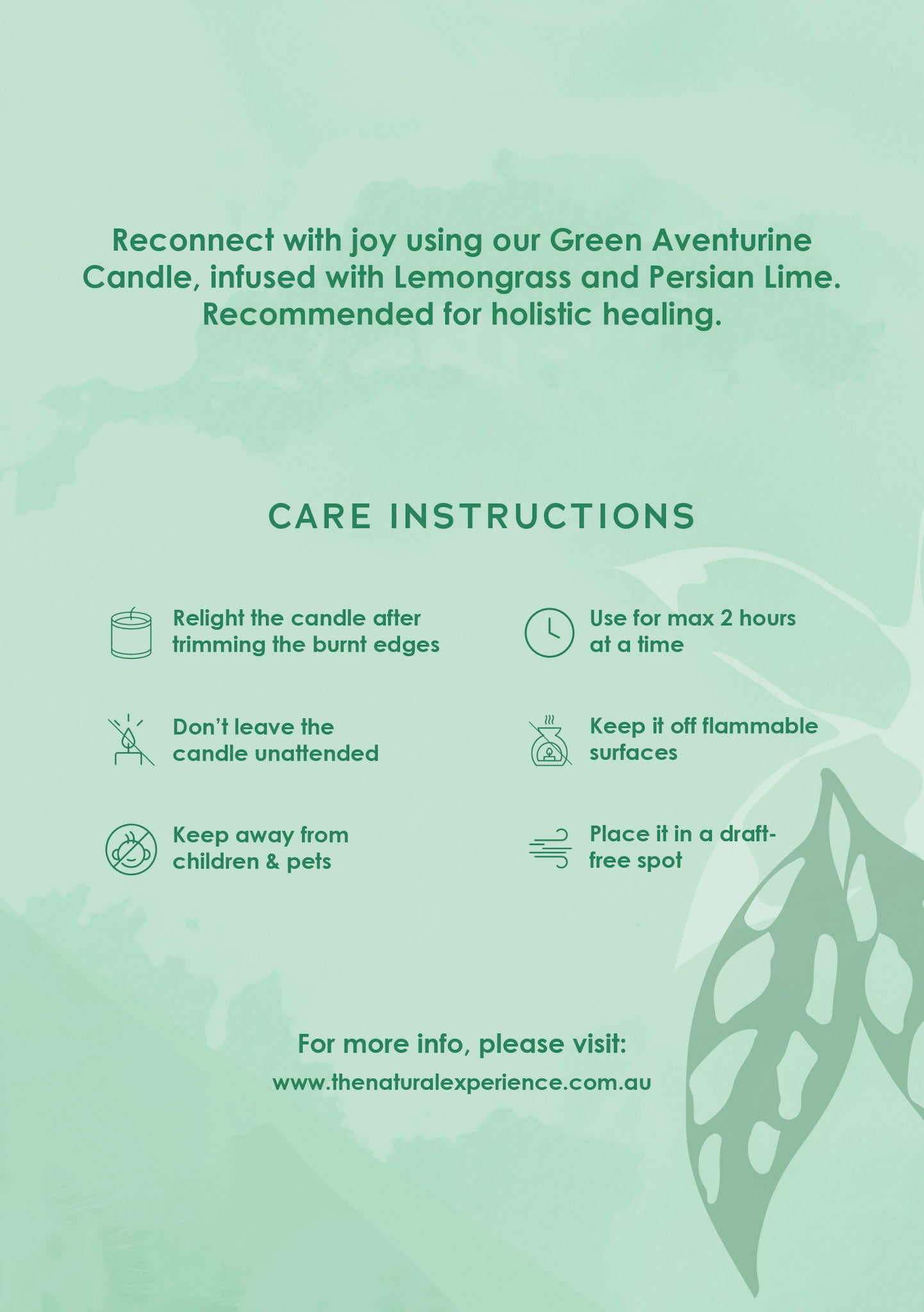 Green Aventurine Crystal Candle Care Card