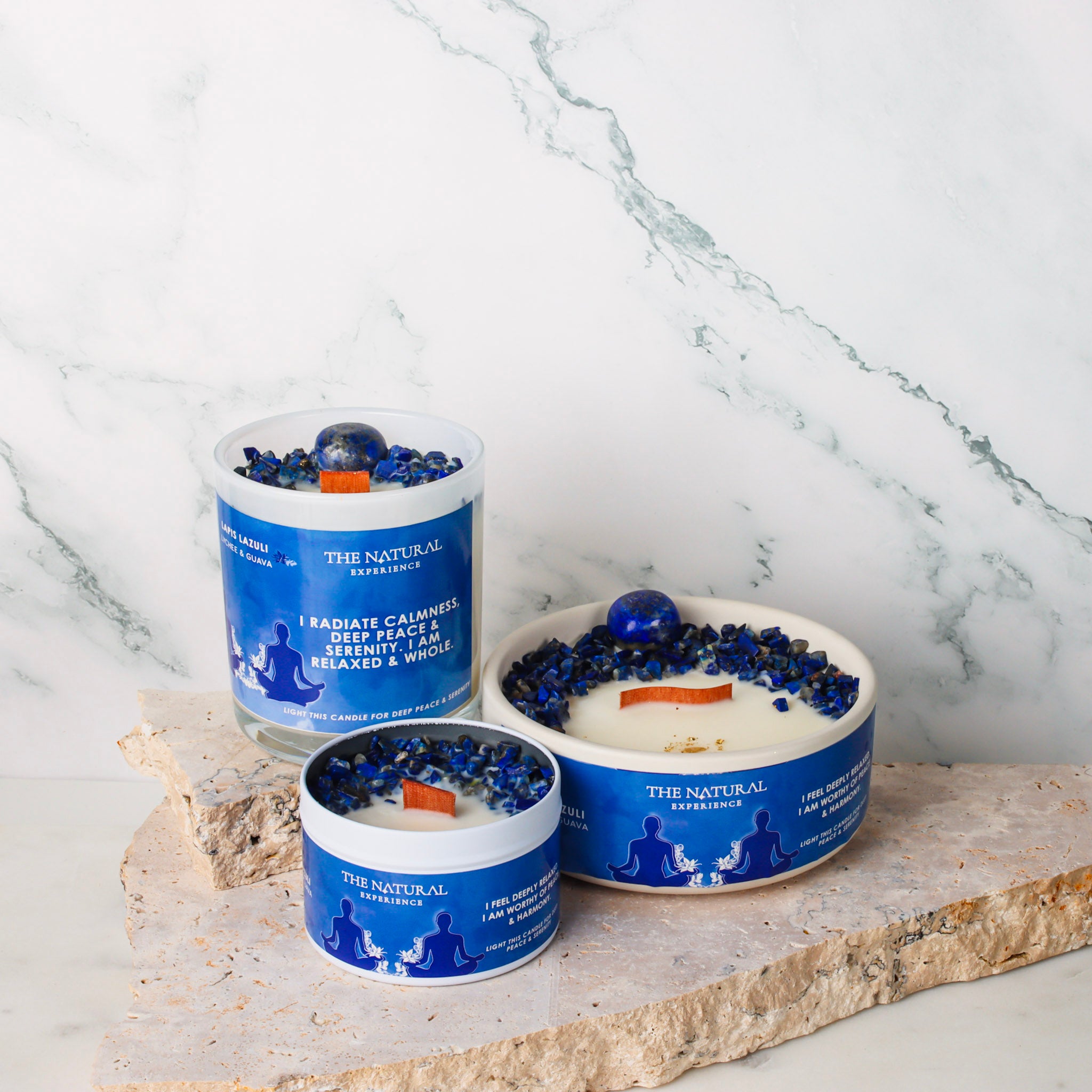 Lapis Lazuli Crystal Candle - Lychee and Guava scent for deep peace and serenity, infused with Lapis Lazuli crystals