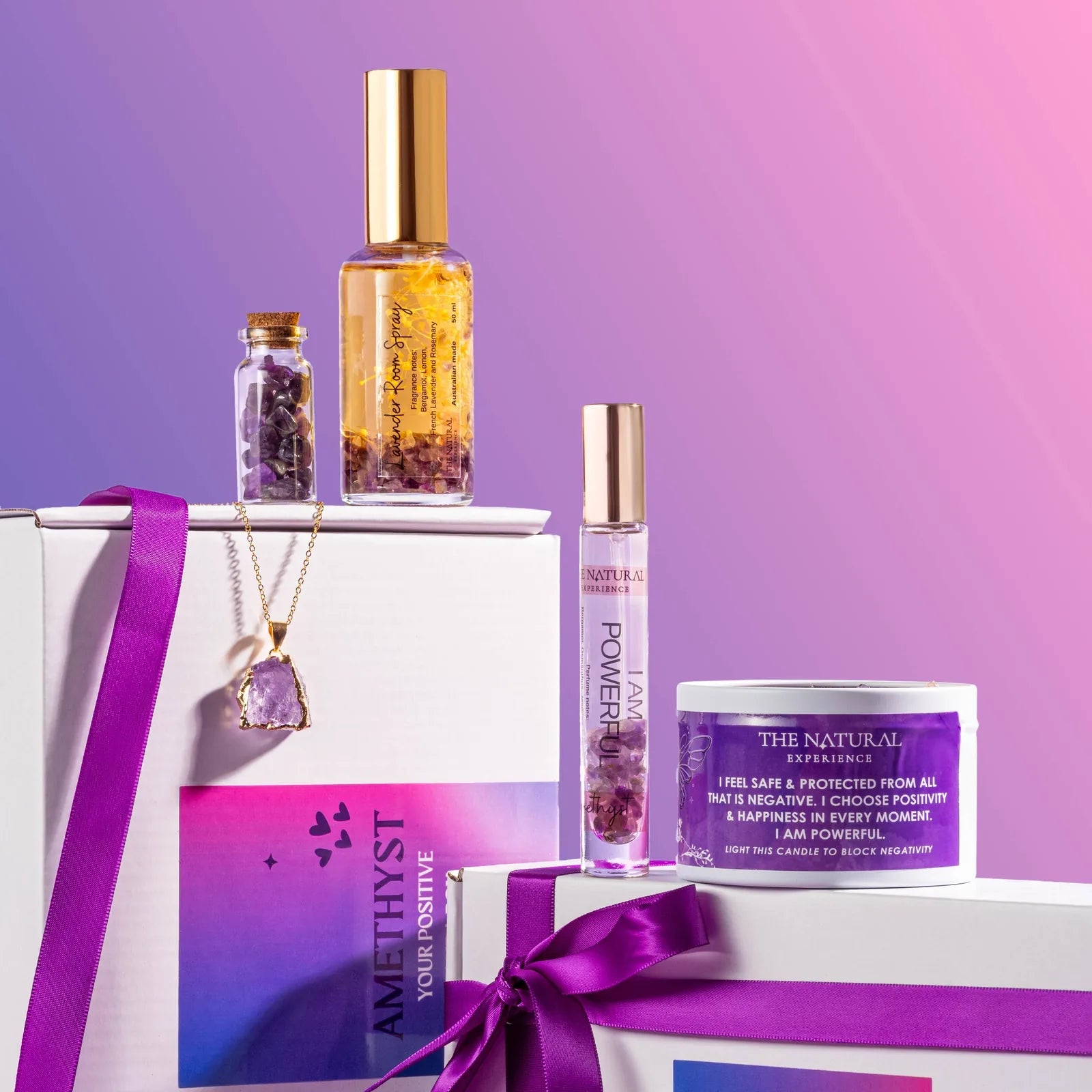 Amethyst gift box with candle, perfume, lavender room spray, crystal chips and necklace