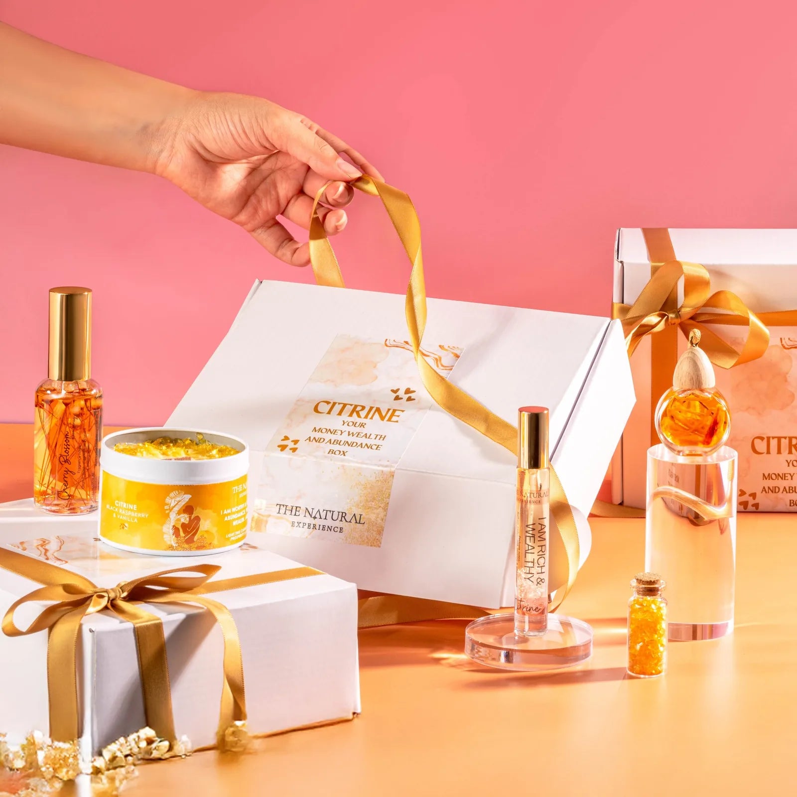 Citrine gift box with crystal candle, perfume, room spray, hanging diffuser and crystal chips